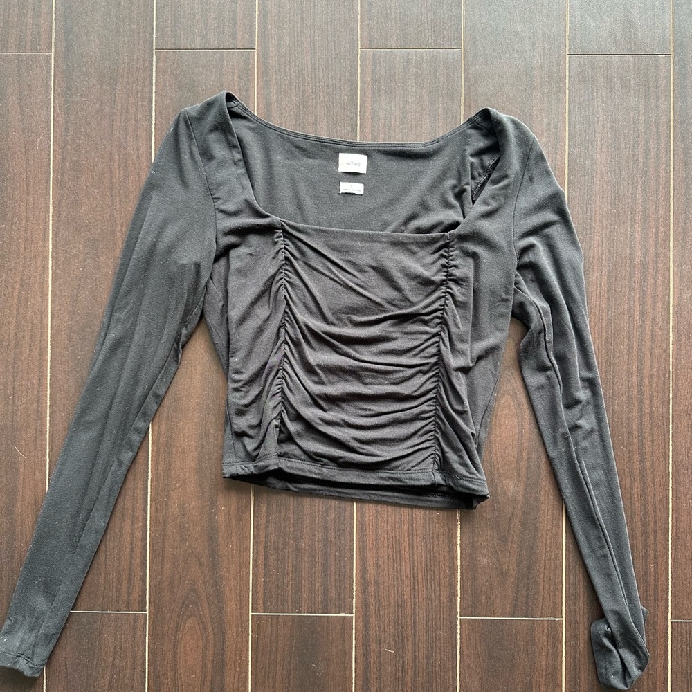 Wilfred Aritzia Black Ruched Long Sleeve Blouse, Size Small